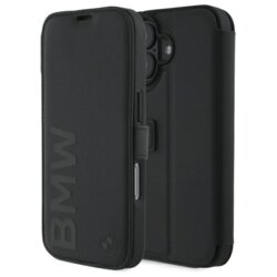 Husa BMW iPhone 16 Signature Leather Wordmark Bookcase, negru, BMBKP16S23RMRLK