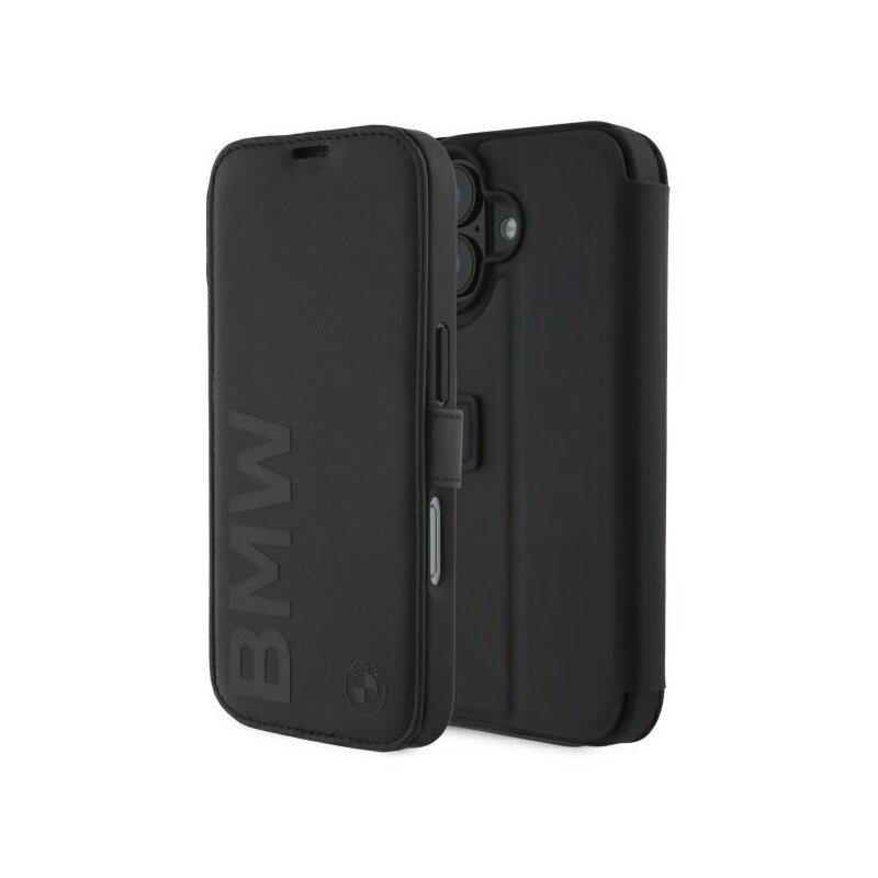 Husa BMW iPhone 16 Signature Leather Wordmark Bookcase, negru, BMBKP16S23RMRLK