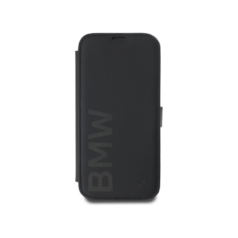 Husa BMW iPhone 16 Signature Leather Wordmark Bookcase, negru, BMBKP16S23RMRLK