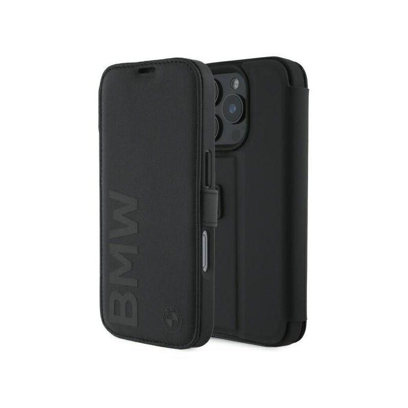 Husa BMW iPhone 16 Pro Max Signature Leather Wordmark Bookcase, negru, BMBKP16X23RMRLK