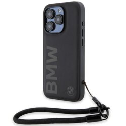 Husa BMW iPhone 15 Pro Max Signature Leather Wordmark Cord, negru mat, BMHCP15X23RMRLK