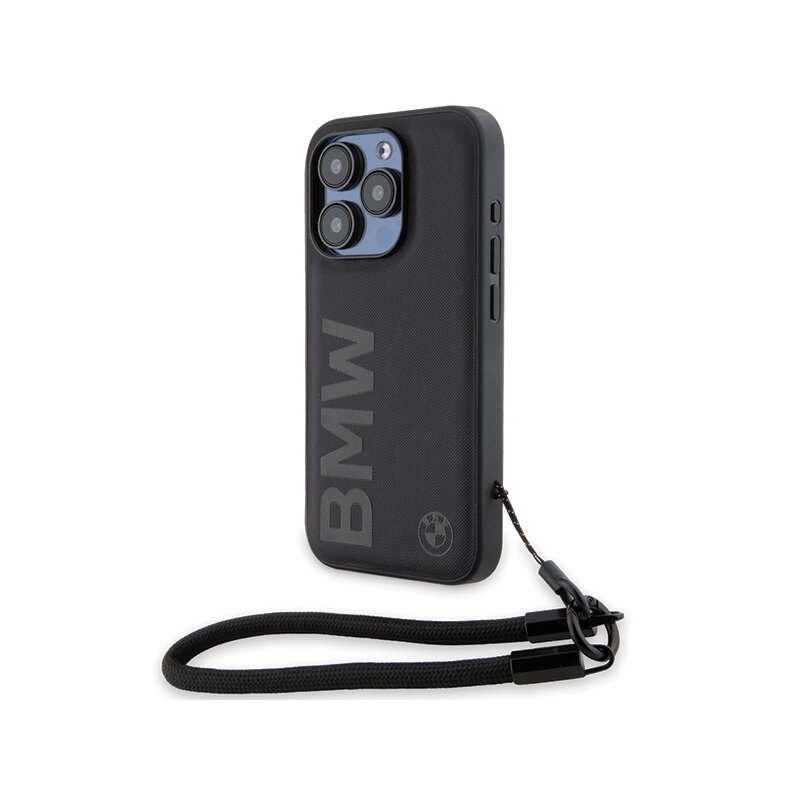 Husa BMW iPhone 15 Pro Max Signature Leather Wordmark Cord, negru mat, BMHCP15X23RMRLK
