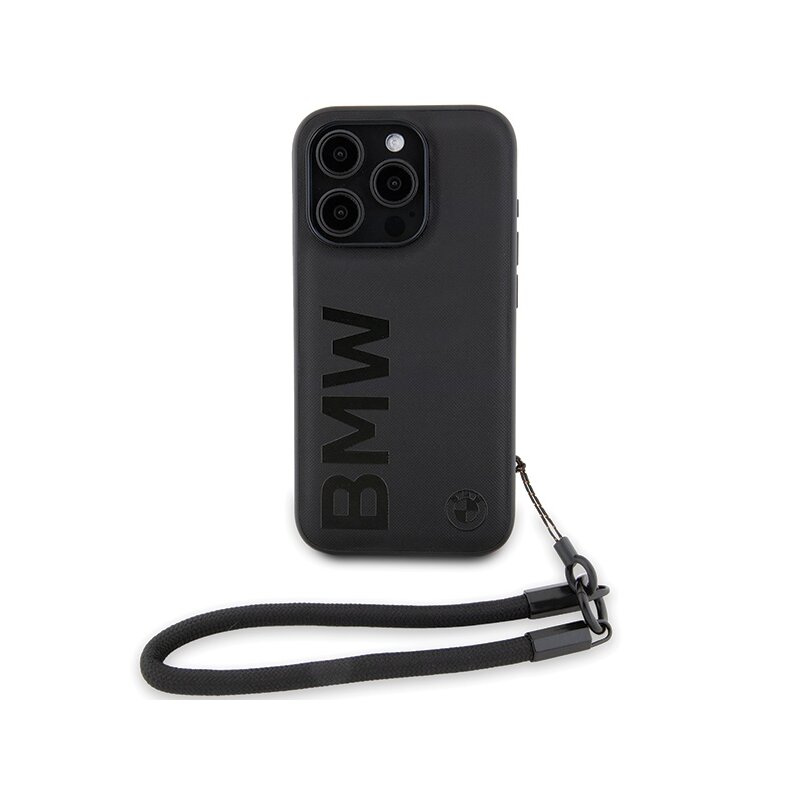 Husa BMW iPhone 15 Pro Max Signature Leather Wordmark Cord, negru mat, BMHCP15X23RMRLK
