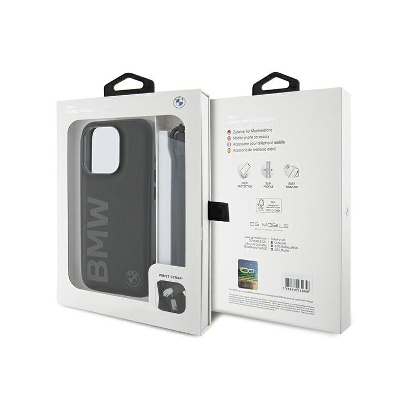 Husa BMW iPhone 15 Pro Max Signature Leather Wordmark Cord, negru mat, BMHCP15X23RMRLK
