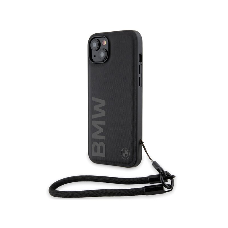 Husa BMW iPhone 15 Plus Signature Leather Wordmark Cord, negru mat, BMHCP15M23RMRLK