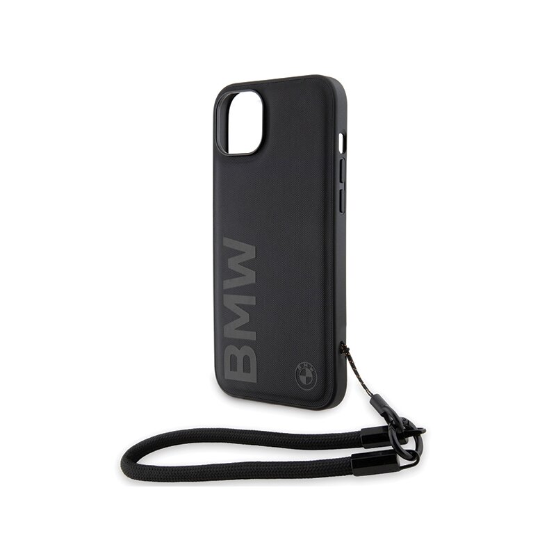 Husa BMW iPhone 15 Plus Signature Leather Wordmark Cord, negru mat, BMHCP15M23RMRLK