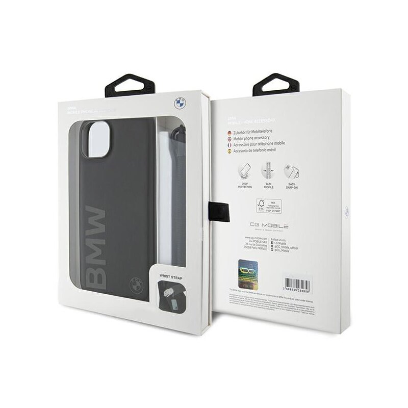 Husa BMW iPhone 15 Plus Signature Leather Wordmark Cord, negru mat, BMHCP15M23RMRLK