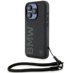 Husa BMW iPhone 15 Pro Signature Leather Wordmark Cord, negru mat, BMHCP15L23RMRLK