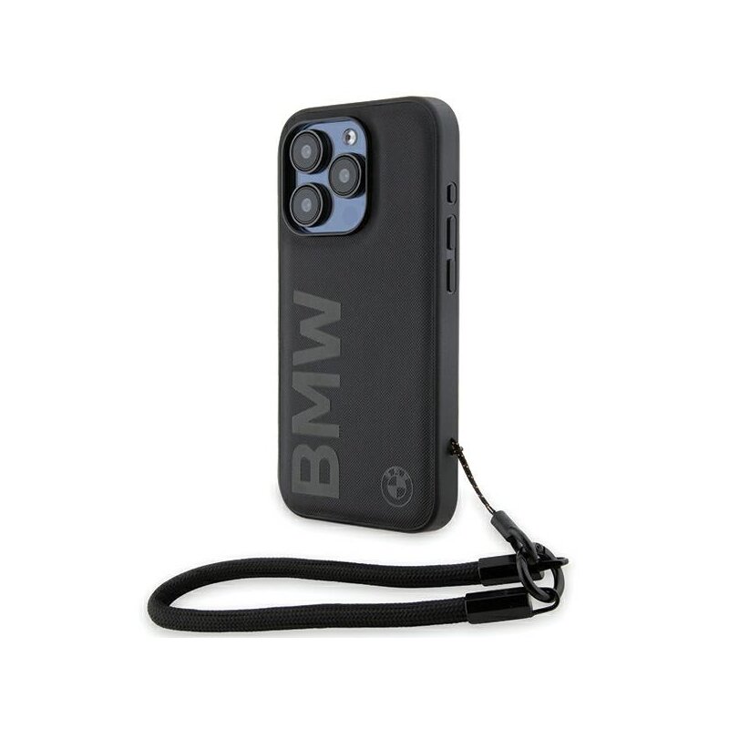 Husa BMW iPhone 15 Pro Signature Leather Wordmark Cord, negru mat, BMHCP15L23RMRLK