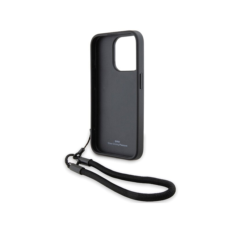 Husa BMW iPhone 15 Pro Signature Leather Wordmark Cord, negru mat, BMHCP15L23RMRLK