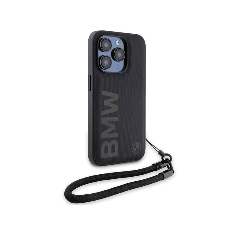 Husa BMW iPhone 15 Pro Signature Leather Wordmark Cord, negru mat, BMHCP15L23RMRLK