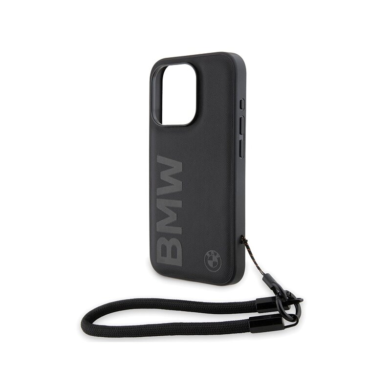 Husa BMW iPhone 15 Pro Signature Leather Wordmark Cord, negru mat, BMHCP15L23RMRLK