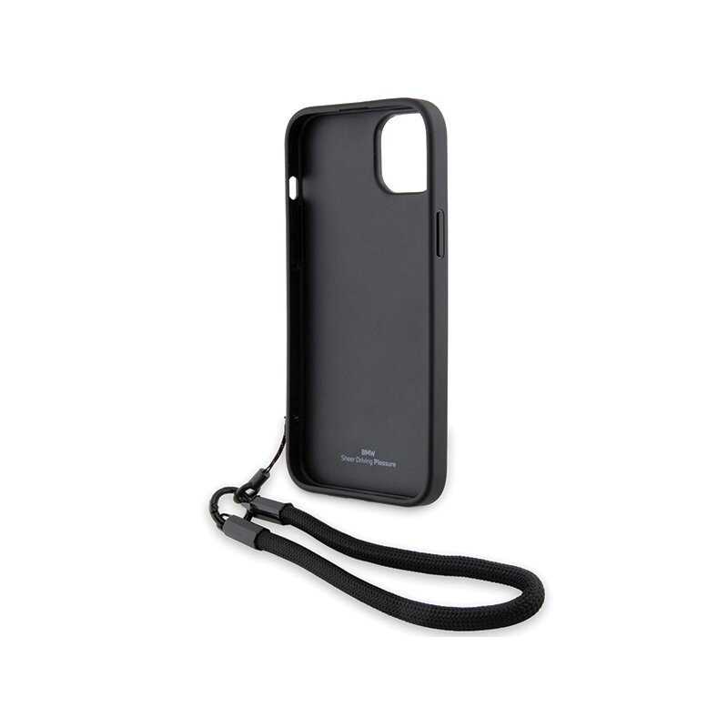Husa BMW iPhone 15 Signature Leather Wordmark Cord, negru mat, BMHCP15S23RMRLK