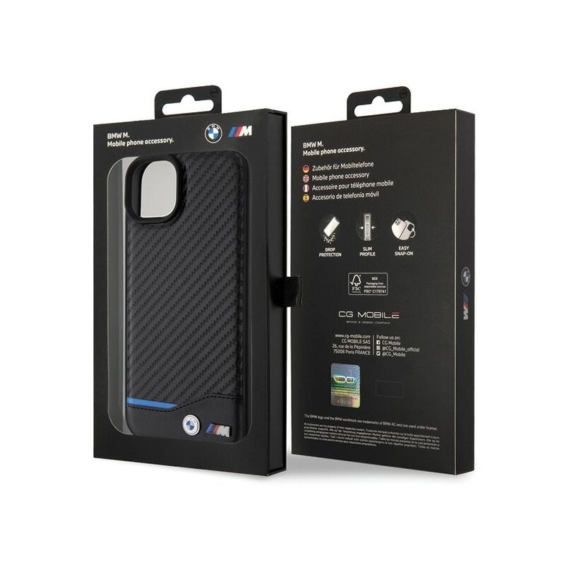 Husa BMW iPhone 15 Plus Leather Carbon, negru, BMHCP15M22NBCK