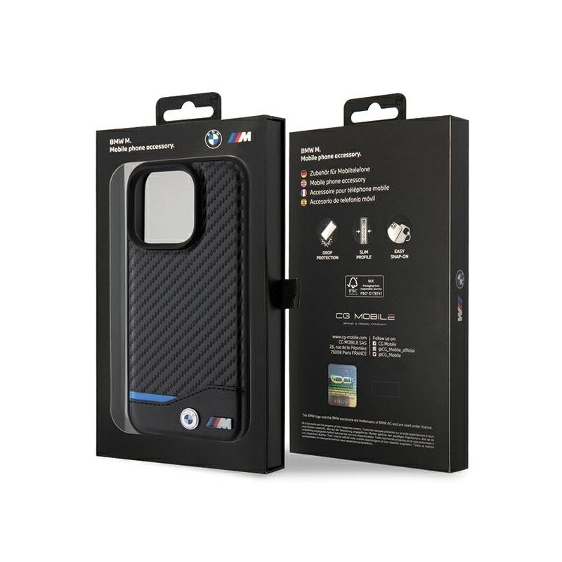 Husa BMW iPhone 15 Pro Leather Carbon MagSafe, negru, BMHMP15L22NBCK