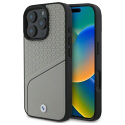 Husa BMW iPhone 16 Pro Max Signature Leather Textured and Line MagSafe, gri, BMHMP16X23RDCLG