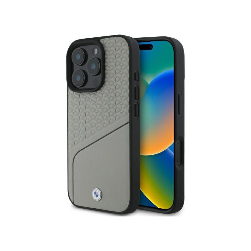 Husa BMW iPhone 16 Pro Max Signature Leather Textured and Line MagSafe, gri, BMHMP16X23RDCLG