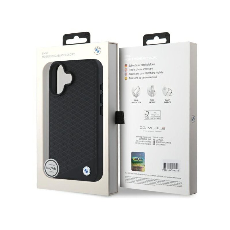 Husa BMW iPhone 16 Signature Leather Diamond Metal Logo MagSafe, negru, BMHMP16S23RDDK