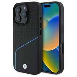 Husa BMW iPhone 16 Pro Max Signature Leather Textured And Line MagSafe, negru, BMHMP16X23RDCLK