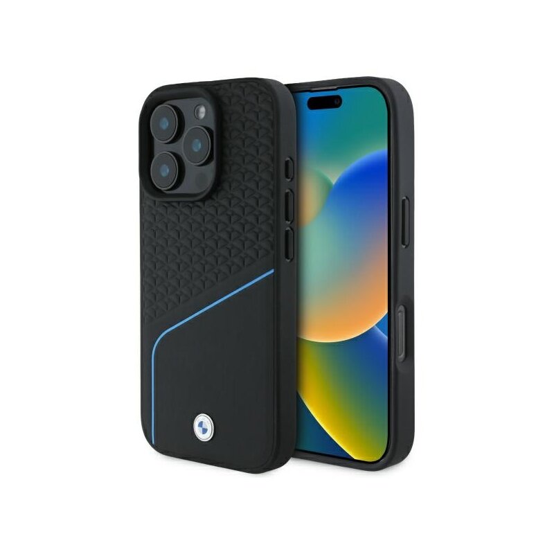 Husa BMW iPhone 16 Pro Max Signature Leather Textured And Line MagSafe, negru, BMHMP16X23RDCLK