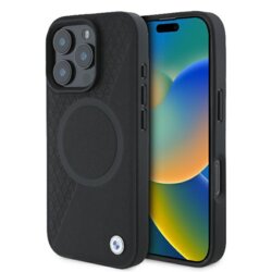 Husa BMW iPhone 16 Pro Signature Leather Half Textured And Circle MagSafe, negru, BMHMP16L23RTPK