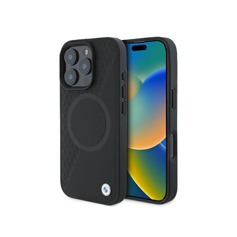 Husa BMW iPhone 16 Pro Signature Leather Half Textured And Circle MagSafe, negru, BMHMP16L23RTPK