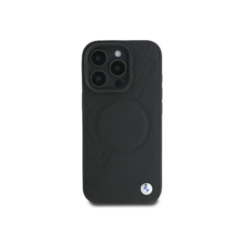 Husa BMW iPhone 16 Pro Signature Leather Half Textured And Circle MagSafe, negru, BMHMP16L23RTPK