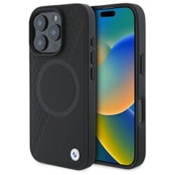 Husa BMW iPhone 16 Pro Max Signature Leather Half Textured And Circle MagSafe, negru, BMHMP16X23RTPK