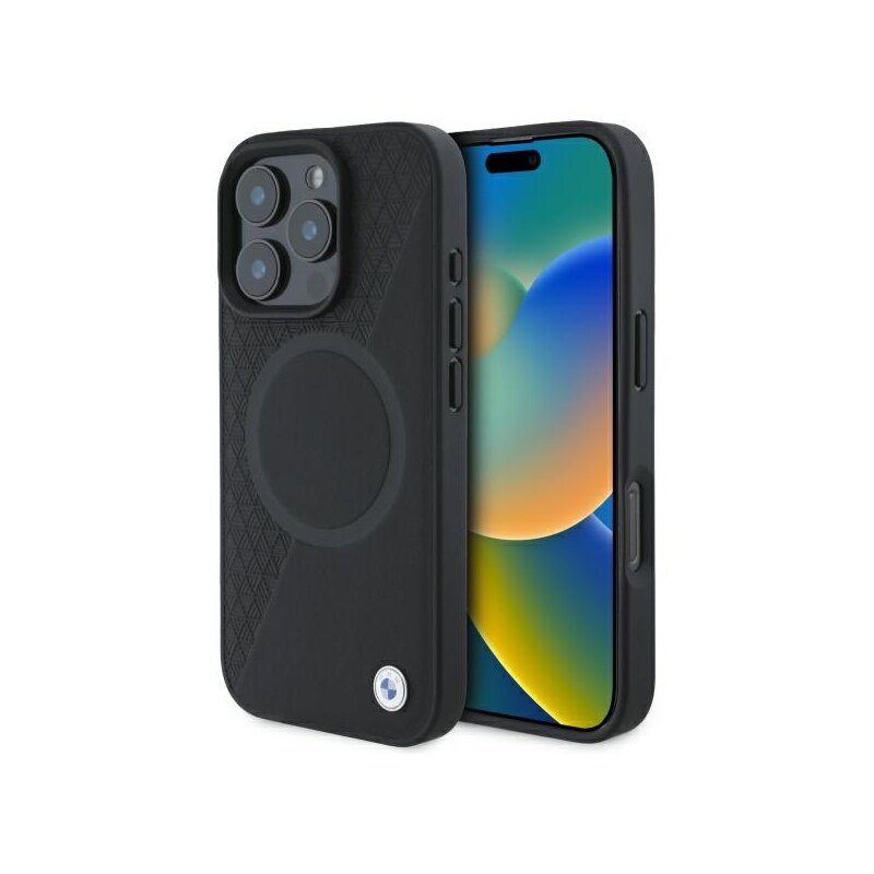 Husa BMW iPhone 16 Pro Max Signature Leather Half Textured And Circle MagSafe, negru, BMHMP16X23RTPK