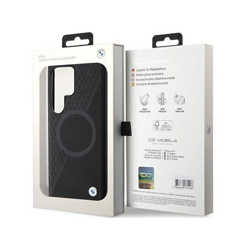 Husa BMW Samsung Galaxy S24 Ultra Signature Leather Half Textured & Circle MagSafe, negru, BMHMS24L23RTPK