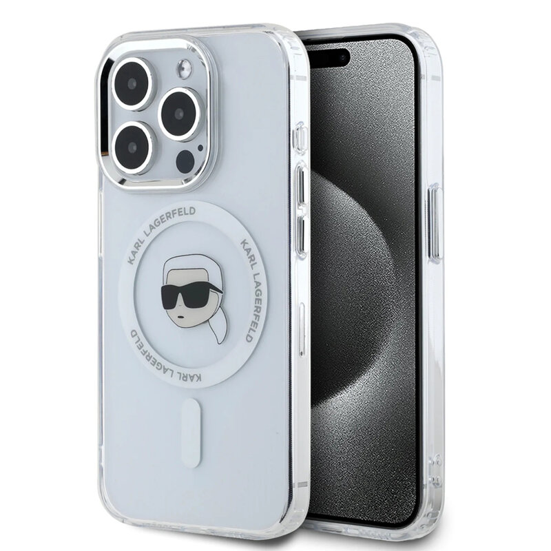 Husa iPhone 16 Pro Max Karl Lagerfeld IML MagSafe, Karl`s Head, alb, KLHMP16XHLSKIH