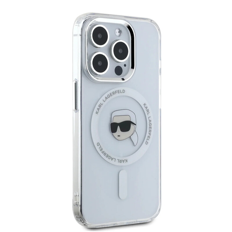 Husa iPhone 16 Pro Max Karl Lagerfeld IML MagSafe, Karl`s Head, alb, KLHMP16XHLSKIH