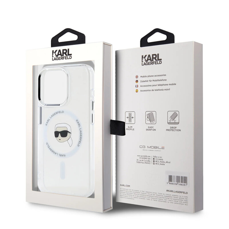 Husa iPhone 16 Pro Max Karl Lagerfeld IML MagSafe, Karl`s Head, alb, KLHMP16XHLSKIH