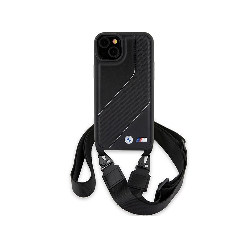 Husa BMW iPhone 15 Leather M Edition Carbon Stripe & Strap, negru, BMHCP15S23PSCCK