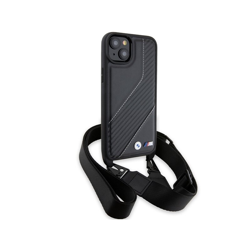 Husa BMW iPhone 15 Leather M Edition Carbon Stripe & Strap, negru, BMHCP15S23PSCCK