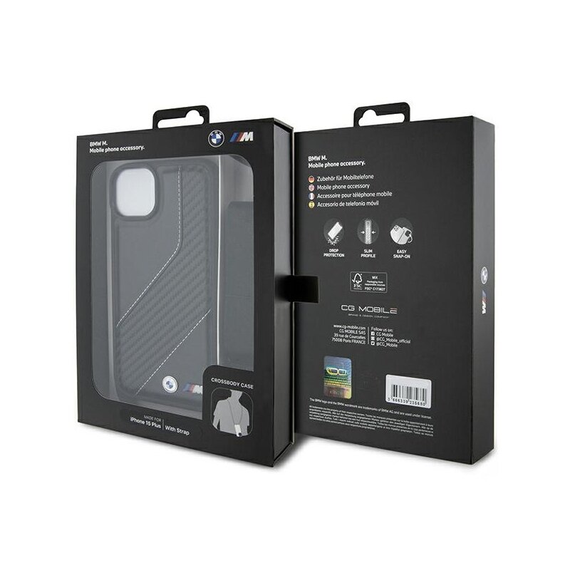 Husa BMW iPhone 15 Leather M Edition Carbon Stripe & Strap, negru, BMHCP15S23PSCCK