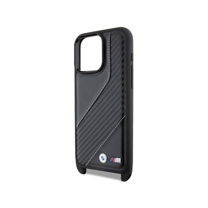 Husa BMW iPhone 15 Pro Leather M Edition Carbon Stripe & Strap, negru, BMHCP15L23PSCCK