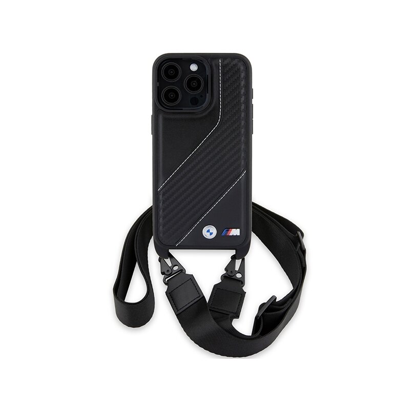 Husa BMW iPhone 15 Pro Leather M Edition Carbon Stripe & Strap, negru, BMHCP15L23PSCCK