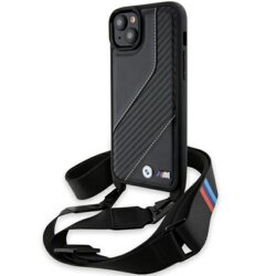 Husa BMW iPhone 15 Plus Leather M Edition Carbon Stripe & Strap, negru, BMHCP15M23PSCCK