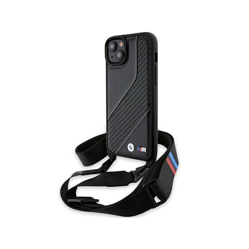 Husa BMW iPhone 15 Plus Leather M Edition Carbon Stripe & Strap, negru, BMHCP15M23PSCCK