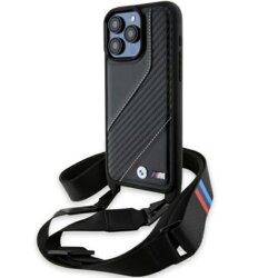 Husa BMW iPhone 15 Pro Max Leather M Edition Carbon Stripe & Strap, negru, BMHCP15X23PSCCK