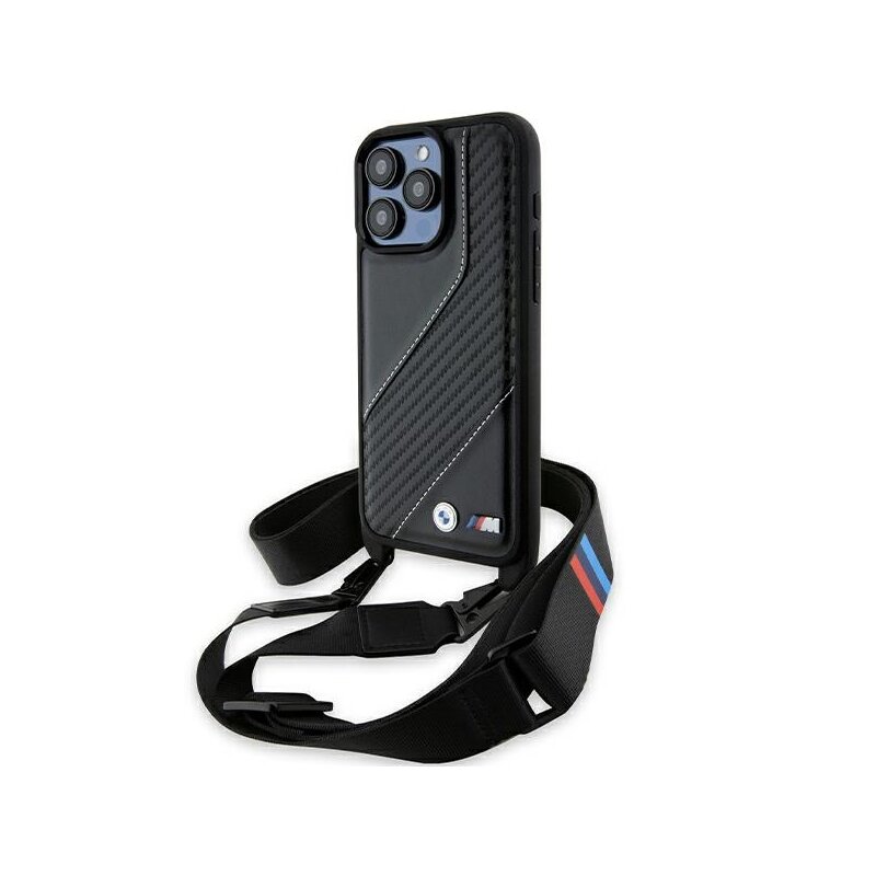 Husa BMW iPhone 15 Pro Max Leather M Edition Carbon Stripe & Strap, negru, BMHCP15X23PSCCK