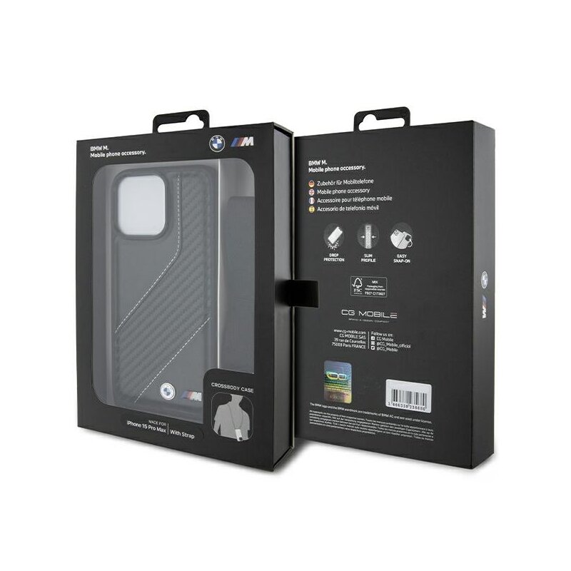 Husa BMW iPhone 15 Pro Max Leather M Edition Carbon Stripe & Strap, negru, BMHCP15X23PSCCK