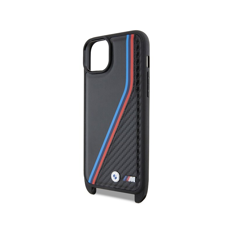 Husa BMW iPhone 15 Leather M Edition Carbon Tricolor Lines & Strap, negru, BMHCP15S23PSVTK