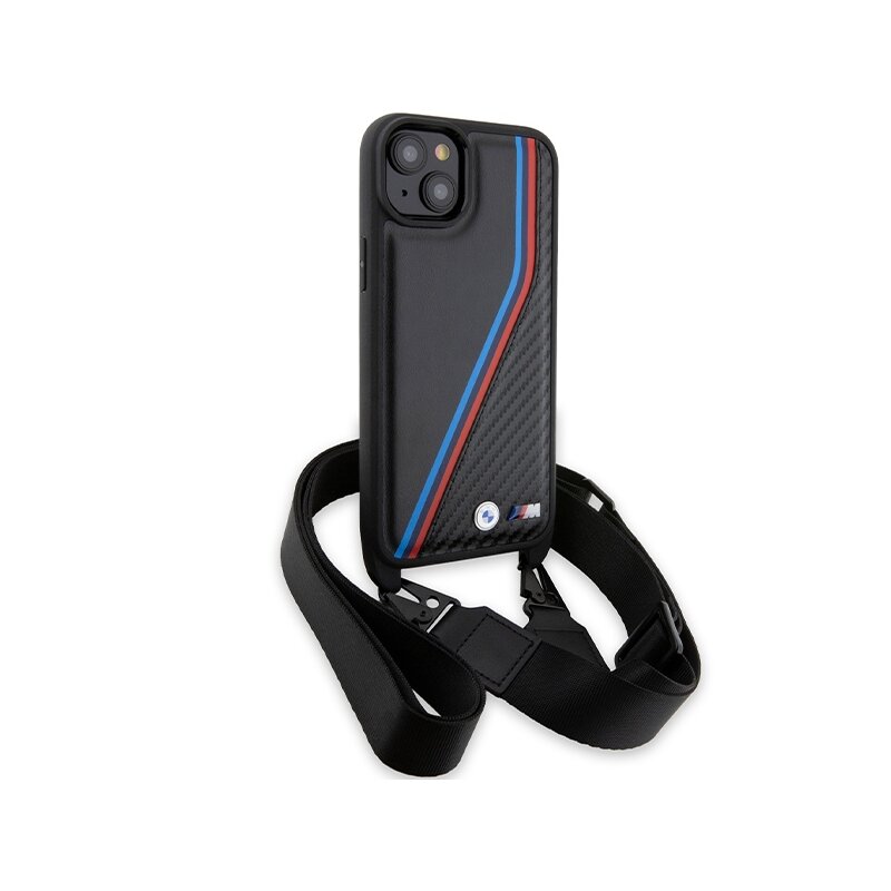 Husa BMW iPhone 15 Leather M Edition Carbon Tricolor Lines & Strap, negru, BMHCP15S23PSVTK