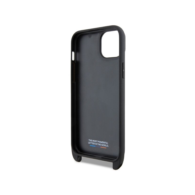 Husa BMW iPhone 15 Leather M Edition Carbon Tricolor Lines & Strap, negru, BMHCP15S23PSVTK