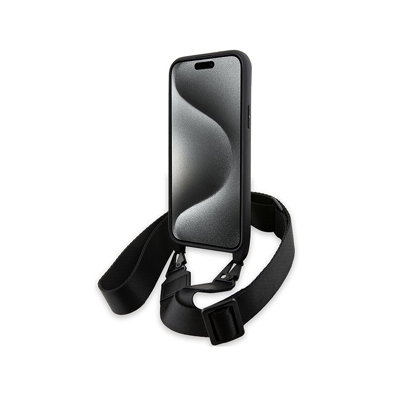 Husa BMW iPhone 15 Leather M Edition Carbon Tricolor Lines & Strap, negru, BMHCP15S23PSVTK