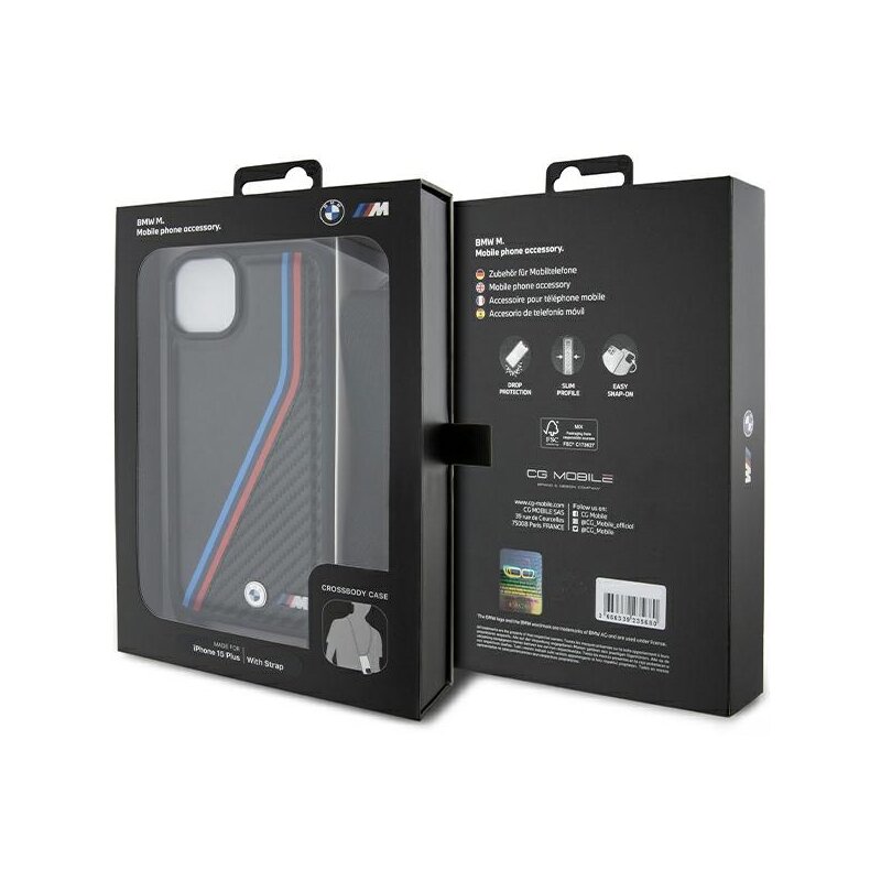 Husa BMW iPhone 15 Leather M Edition Carbon Tricolor Lines & Strap, negru, BMHCP15S23PSVTK