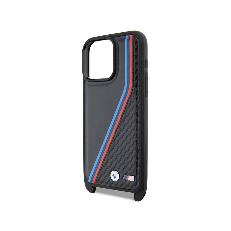 Husa BMW iPhone 15 Pro Leather M Edition Carbon Tricolor Lines & Strap, negru, BMHCP15L23PSVTK