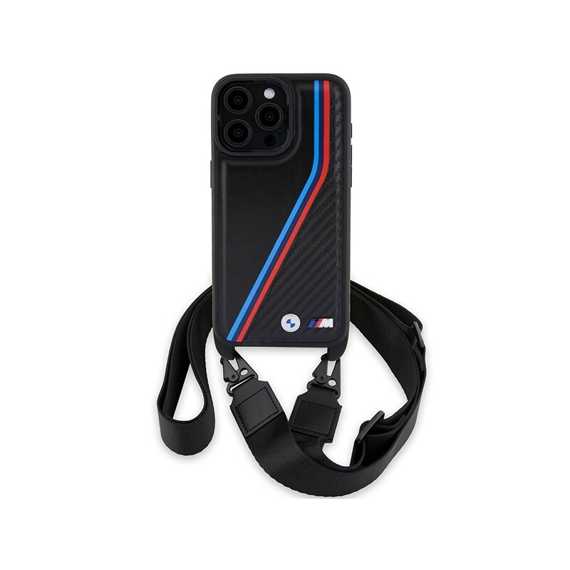 Husa BMW iPhone 15 Pro Leather M Edition Carbon Tricolor Lines & Strap, negru, BMHCP15L23PSVTK
